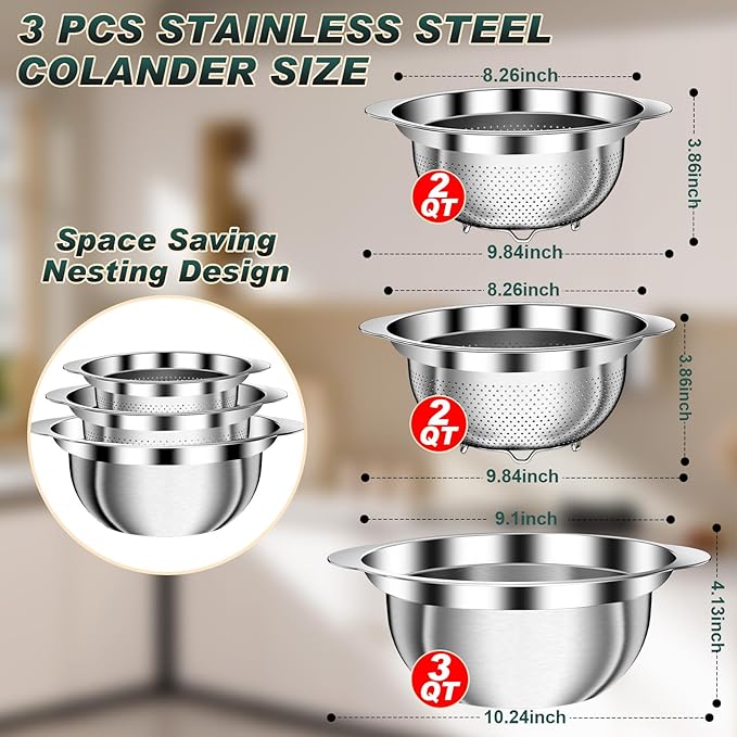 Stainless Steel Colanders with Mixing Bowl - 2.0QT & 2.0QT Strainer and Colander with Handle, 3.0QT Nesting Kitchen Bowl with Colander For Pasta, Vegetables, Fruit, Rice, 3PCS