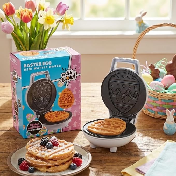 Mini Easter Egg Waffle Maker- Make Double Sided Waffles or Pancakes w 2 Different Floral Designs, Ready to Decorate & Frost, Breakfast Fun for Kids & Adults - Basket Stuffer Gift, Egg Hunt Surprise