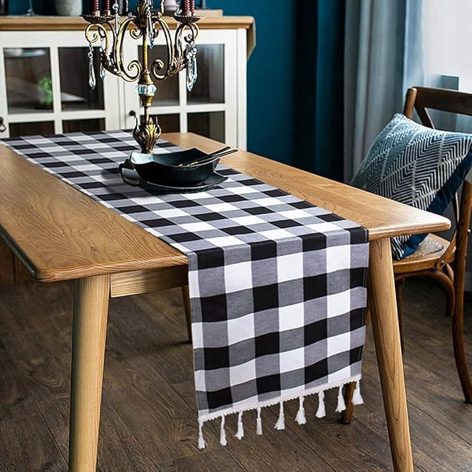DUOBAO Buffalo Plaid Table Runner 2pcs 14x90-Inch Red and White Checkered Tables-Runners with Tassel Christmas Decoration Gingham Rustic Farmhouse Style