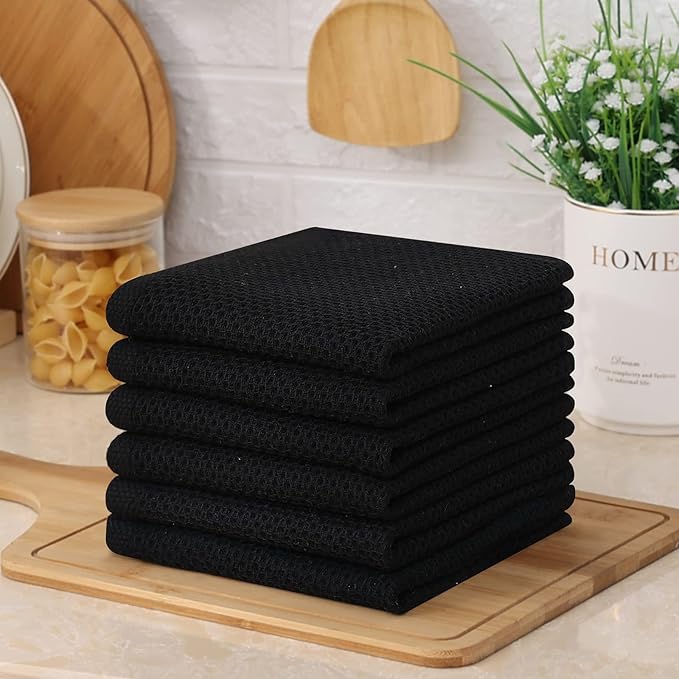 Kitinjoy 100% Cotton Kitchen Dish Cloths, 12 Pack Waffle Weave Ultra Soft Absorbent Dish Towels for Drying Dishes Quick Drying Kitchen Towels Dish Rags, 12 X 12Inch, Black