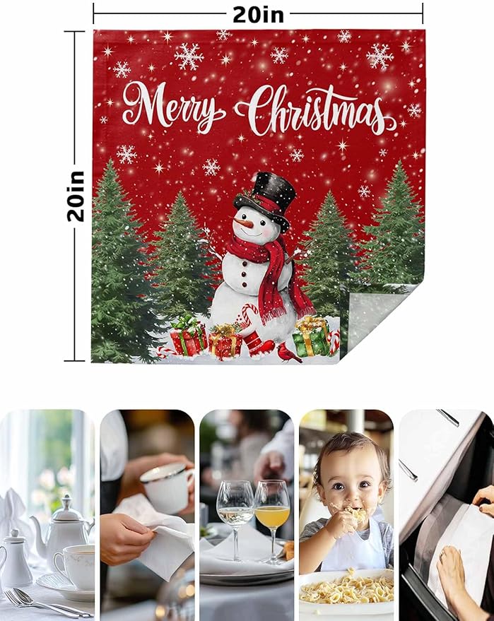 Snowman Red Cloth Napkins Set of 6 - Christmas Tree Washable Dinner Napkins Snowflake Winter Xmas Pine Table Reusable Napkin for Home Party Wedding Dining Table Setting Decoration, Oversized 20"x20"