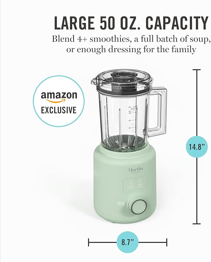 Martha Stewart Countertop Blender, 50oz Jar, 6 Stainless Steel Blades 3 Speeds & 5 Presets, Auto Clean, Smoothies, Crush Ice, Shakes, Chop, Margarita, Measurement Markings, 700W, Honeydew Green