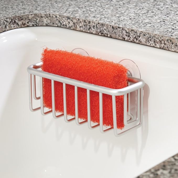 iDesign Metro Rustproof Aluminum Suction Sponge Holder for Kitchen Sink - Basket, Silver