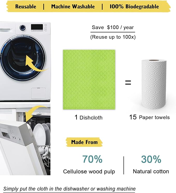 MoLKENE Swedish Dishcloths for Kitchen | 6 Pack Absorbent Cellulose Sponge Cloths Washable | Non-Scratch Reusable Paper Towels Quick Drying Cleaning Cloths - Lime Green