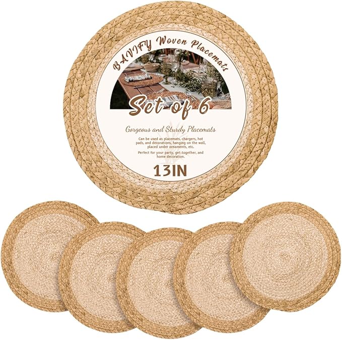 13 in Round Woven Placemats Plate Chargers Set of 6, Chargers for Dining Table Decor Boho Farmhouse Rustic Rattan Wicker Table Mats Jute Braided Place Mats Chargers for Dinner Plates