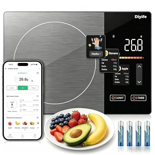 Smart Nutrition Food Scale with TFT Display, Diyife Kitchen Scale with Nutritional Calculator, Calorie, Fat, Carb, Protein Tracking, 50 Food Preload, Support for App Customization, Battery-Powered