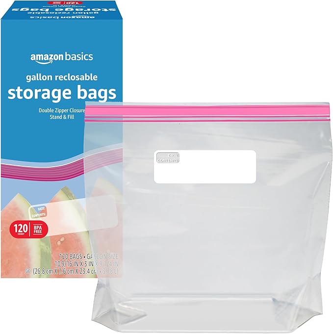 Amazon Basics Reclosable Gallon Food Storage Bags | Stand & Fill Base | 120 Count | Pack of 2
