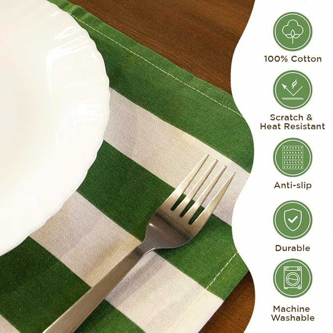 Folkulture Placemats Set of 4 (13 x 18) | 100% Cotton, Heat Resistant, Machine Washable Striped Place Mats | Green & White Rectangular Cloth Table Placemats for Dinner, House Warming Gifts New Home