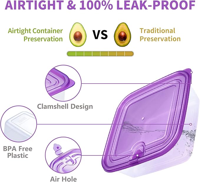 KIGI Airtight Food Storage Containers with Vent Lids for Meal Prep, Lunch, BPA Free, Stackable, Reusable Plastic Containers for Leftovers, Kitchen, Pantry, Fridge Organizer, Freezer Safe (40oz 6PACK)