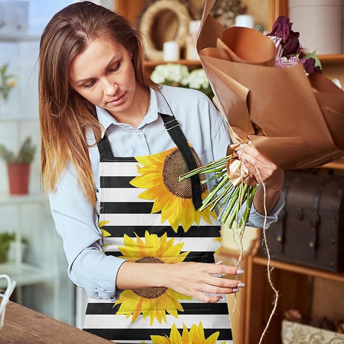 Britimes Apron Home Kitchen Cooking Baking Gardening for Women Men with Pockets Sunflowers Striped Black White Flower 32x28 inch