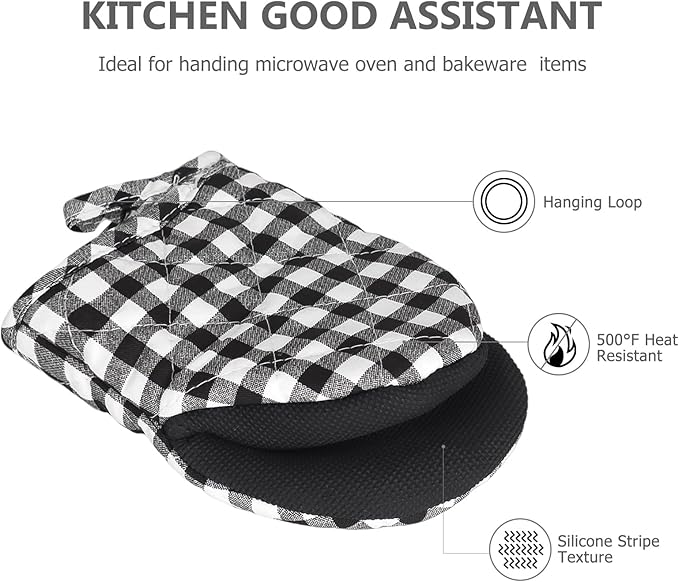 Short Oven Mitts, Heat Resistant 500°F, Silicone Grip Kitchen Gloves, Non-Slip for Baking, Grilling, BBQ, Machine Washable with Hanging Loop, 2-Pack Set, Black and White Plaid