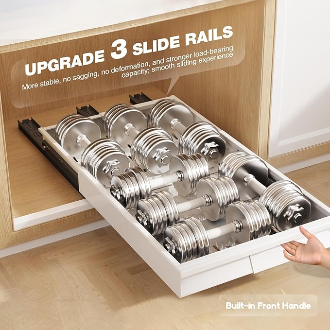 Seinloes 2 Pack Pull Out Cabinet Organizer With Raising Pad for Framed Cabinets,Expandable Width (11"-16") and Depth (17"-24"),3 Slide Rails Slide Out Drawers with Handle,No-Drill Roll Out Shelf,White