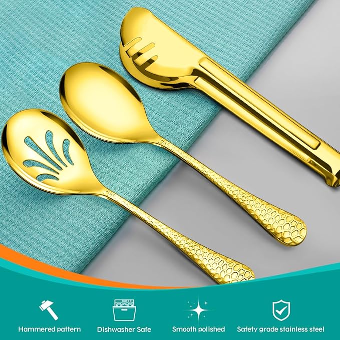 Teivio Hammered Stainless Steel Metal Serving Utensils Set of 9, 10" Serving Spoons, 10" Slotted Spoons, 9" Serving Tongs, Large Hostess Serving Set for Parties Chafing Dish Buffet Catering (Gold)