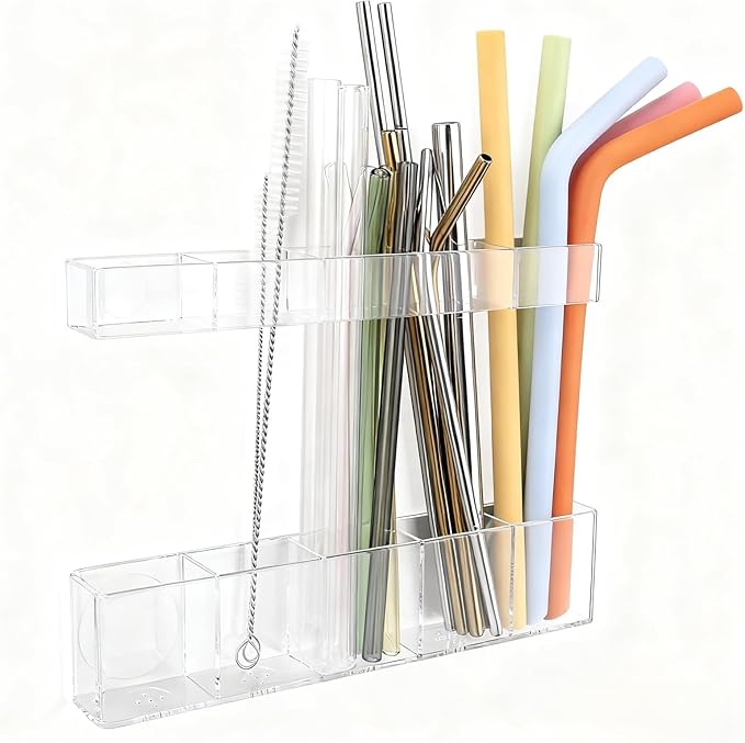 Acrylic Straw Holder for Cabinet Door - Child-Safe Organizer & Dispenser with Smooth Rounded Edges for Kitchen Accessories Storage, Adhesive Circles Included (Clear Transparent)
