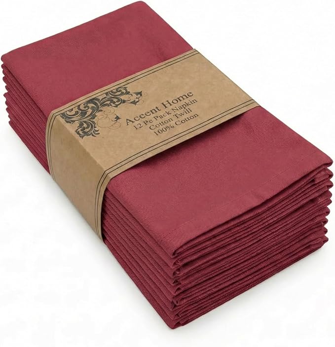 Accent Home 100% Cotton Napkins, Delicate Cloth Napkins for Dinners, Parties and Weddings，18 x 18 Inch Set of 6 - Red