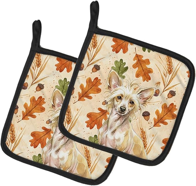 Caroline's Treasures Hairless Palomino Chinese Crested Heirloom Fall Pair of Pot Holders Pair 7.5x7.5 Quilted Insulated Hot Pads Decorative Kitchen Gift Made in USA