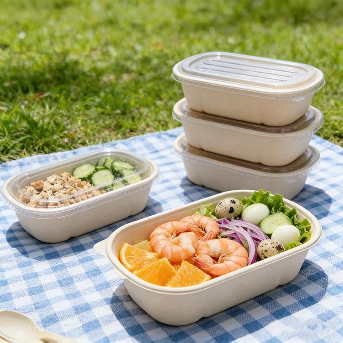50 Pack Disposable Meal Prep Containers, 23oz Take Out Food Containers with Lid, Microwave Safe Bagasse To Go Paper Bowls Soup Serving Bowls for Salad, Leftovers, Lunch