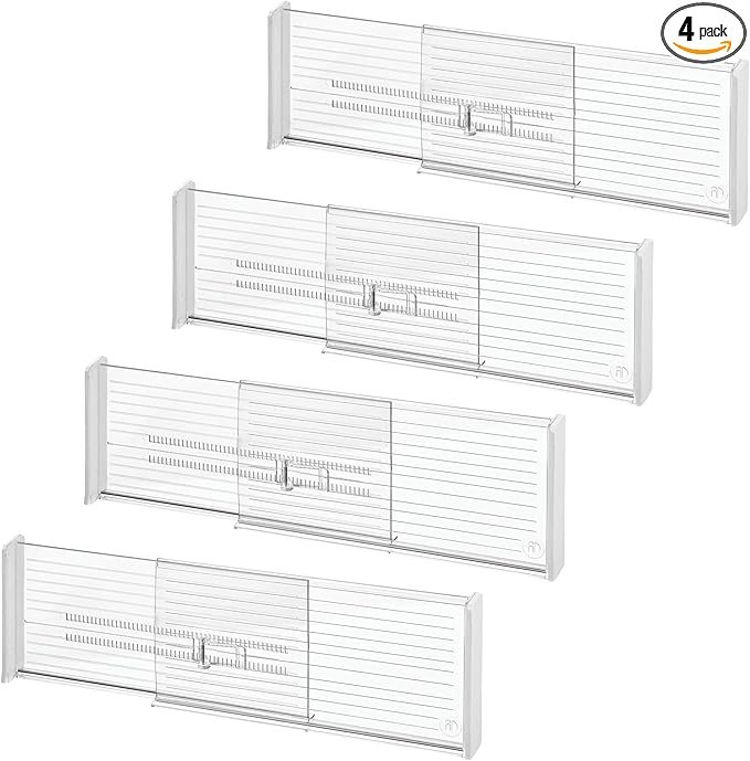 iDesign Expandable Plastic Deep Drawer Dividers for Kitchen, Dresser, or Desk Drawers - Set of 4 - Clear