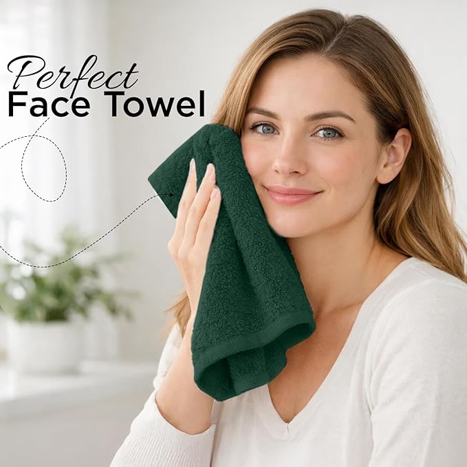 DAN RIVER 12-Pack Premium 100% Cotton Huntergreen Face Towels for Bathroom - Reusable Face Wash Cloths for Showering 12x12 Inches - 550 GSM Super Soft & Absorbent Luxury WashCloths for Body, Spa & Gym