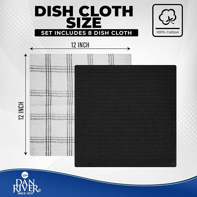 DAN RIVER Premium Dish Cloth 100% Cotton 12 X 12 Inches |Pack of 8|-Ultra Soft Tea Towels-Highly Absorbent Kitchen Rags-Terry Dishcloth for Kitchen and Household Cleaning |Black|