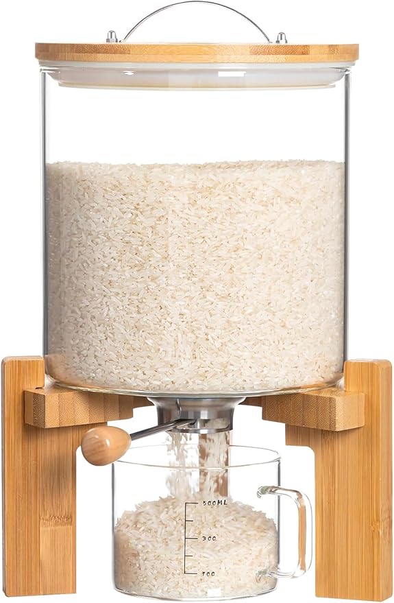 8-10 Lbs Glass Rice Dispenser with Wooden Stand Flour and Cereal Container with Glass Measuring Cup Pantry Food Organization Storage Bin with Airtight Bamboo Lid, 5L