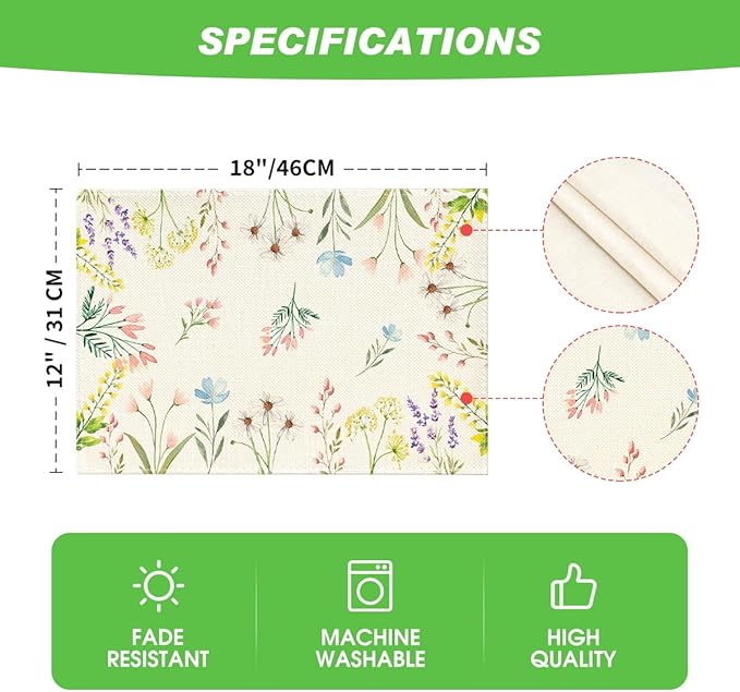 Artoid Mode Flowers Floral Summer Placemats Set of 4, 12x18 Inch Seasonal Spring Table Mats for Party Kitchen Wedding Dining Decoration