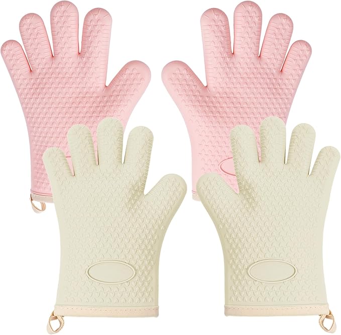 Kitchen Silicone Oven Gloves for Women 2 Pairs Oven Mitts with Fingers Heat Resistant Waterproof Handle Hot Food BBQ Grill Baking