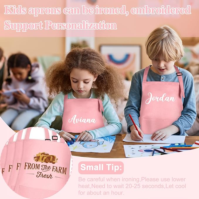 6 Pack Kids Apron Bulk with 2 Pockets Adjustable Chef Art Apron Kids Painting Aprons for Cooking Baking Painting Crafting Grilling Activity（Pink）