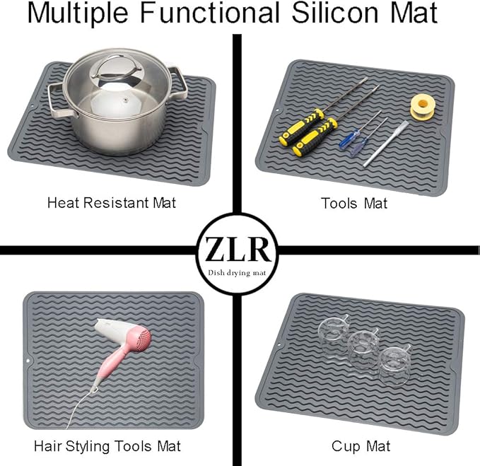 ZLR 2 Pcs Silicone Dish Drying Mat & Heat Resistant Trivet (12" x 16") - Waterproof Counter Protector for Coffee Maker - Non-Slip, BPA Free Kitchen Pad, Easy Clean Dishwasher Safe (Dark Gray)