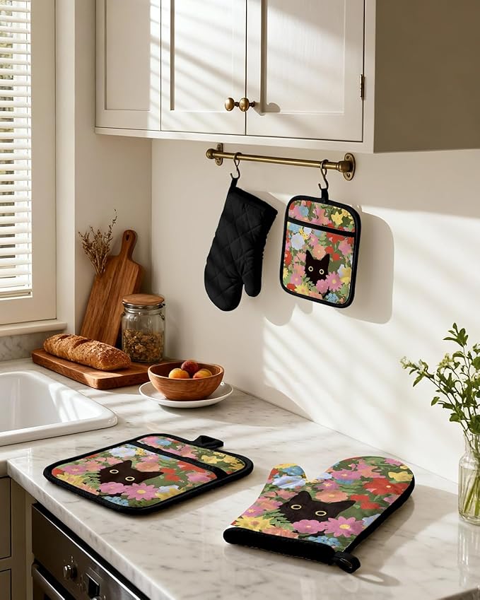 Miss Adola Cotton Oven Mitts and Pot Holders Sets - Quilted Lining Heat Resistant 4 Pieces Set with Hanging Loop Cute Farmhouse Boho Spring Kitchen Decor and Accessories, Cat Flower
