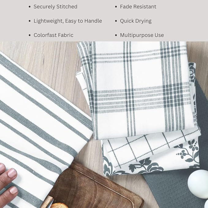 Assorted Kitchen Towels 100% Cotton 16x26 Inch - Super Absorbent, Soft & Quick Drying, Multi-Purpose for Drying & Cleaning, Ideal for Kitchen & Home Use, Set of 5 Low-Lint Dish Towels Grey