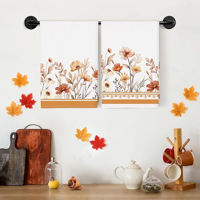 Fall Boho Flower Tea Towels, Cotton Kitchen Towel 18.9 × 27.5 inch, Quick Drying Dish Cloth for Party Anniversary Holiday Decoration Housewarming Gifts
