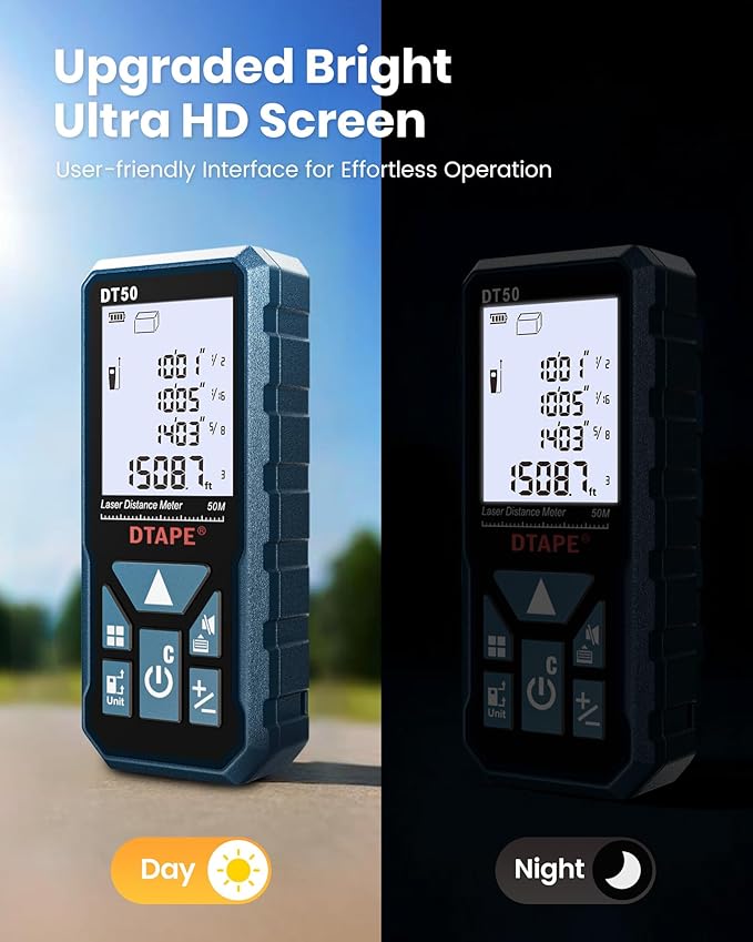 Laser Measure, DTAPE Digital Laser Distance Meter, Upgraded High-Accuracy Laser Measuring Tool, Electronic Tape Measure, 2" Backlit LCD Display, Area/Volume/Indirect Measurement, in/Ft/Ft+in/M