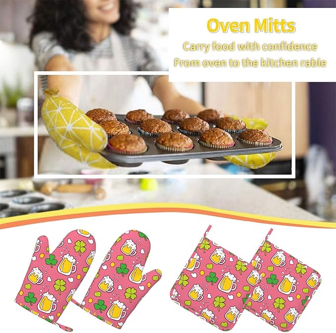 Saint Patrick Celebration Beer Oven Mitts and Pot Holders Sets of 4, Heat Resistant Silicone Oven Mittens and Potholders Gloves Hot Pads for Kitchen Cooking Baking Grilling BBQ Chef