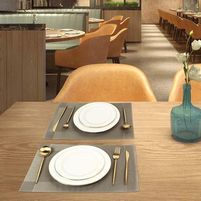DACHUI Placemats, Heat-Resistant Placemats Stain Resistant Anti-Skid Washable PVC Table Mats Woven Vinyl (8pcs, Coffee-Cross)