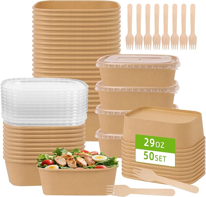50 Pack 29 oz Paper Food Containers with Lids, Meal Prep Containers Disposable Large Paper Bowls, Microwavable and Freezer Storage Use Cardboard Food Containers
