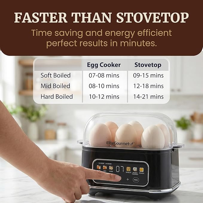 Elite Gourmet Digital Egg Cooker, 6 Egg Capacity, Soft/Medium/Hard Boiled, Onsen Tamago, Poach & Omelet, One-Touch Menu, Audible Alert On/Off, Auto Shut-Off, Black