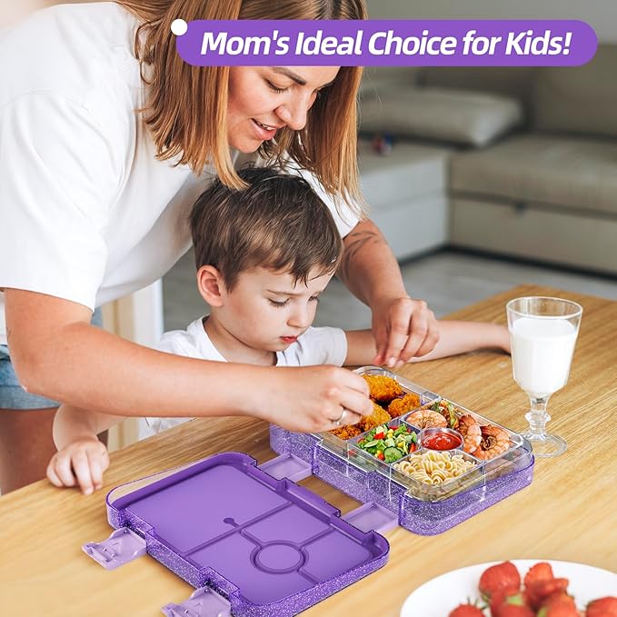 Bento Lunch Box for Kids, Plastic Lunch Box Case, 5/6 Tritan Compartments, BPA free, Ideal Portion Sizes for On-the-Go Meal, Shiny Purple and Clear