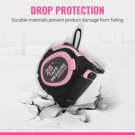 WORKPRO 25-FT Tape Measure with Fractions, 3 Brakes Retractable Measuring Tape, Compact Measurement Tape with Magnetic Hook, Nylon Coating Blade Accuracy 1/32”, Pink