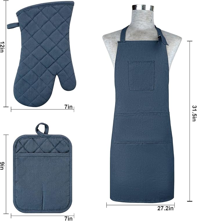 Oven Mitts and Pot Holders with Cooking Apron Set of 5, Heat Resistant Kitchen Gloves and Silicone Non-Slip Potholders, Adjustable Neck Buckle Chef Apron, Cotton Nice Design for Cooking （Navy…