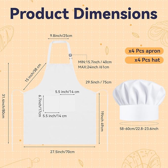 4 Sets Chef Apron and Hat, Adjustable High Cooking Aprons, with 2 Pockets and 30" Long Ties, Chef Hat with Elastic Part, Bib Aprons Set, Water Drop Resistant Kitchen Apron for Women Men Adult
