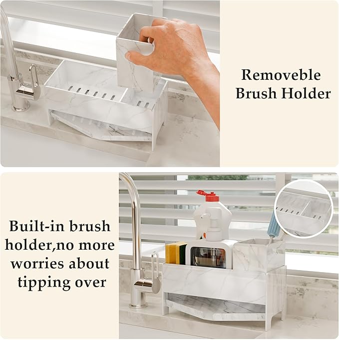 TIDIIABODE Sponge Holder for Kitchen Sink, Acrylic Sink Caddy Organizer with Removable Brush Holder, Countertop Soap Dispenser Organizer with Marble Texture, Kitchen Organizers Storage, White