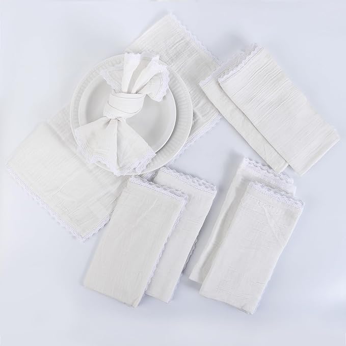 Fingercraft Dinner Cloth Napkin Cotton Muslin Double Gauze 8 Pack with Classic Lace for Everyday Use, Wedding, Party, Christmas, Easter Napkins Cloth are Pre Shrunk and Good Absorbency White