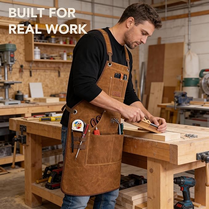 Geelu Woodworking Apron 16oz Waxed Canvas Work Aprons with 10 Tool Pockets Gifts for Woodworkers