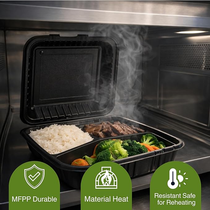9x9 3-Compartment Hinged Vented Food Containers, 50 Pack – Clamshell Takeout Containers, Meal Prep Food Storage, 3 Compartment Food Containers, To Go Boxes & Cake Slice Box - Black