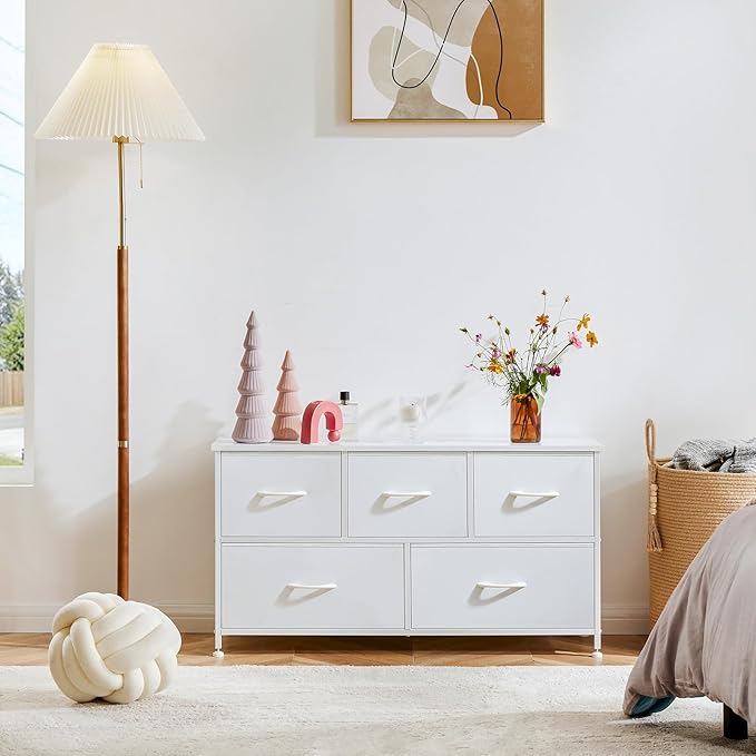 OLIXIS Dresser for Bedroom with 5 Drawers, Wide Chest of Drawers, Fabric Bedroom Dresser with Drawer Organizers, Storage Organizer Unit with Fabric Bins for Closet, Living Room, Hallway, Classic White