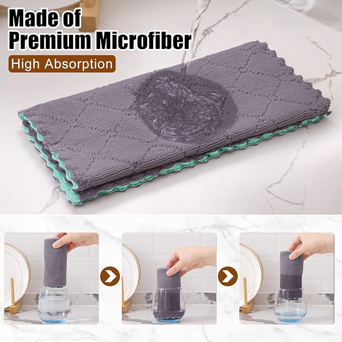 Mordimy 24 Pack Kitchen Towels (20" x 10", Grey & Green), Super Soft and Absorbent Dish Towels, Coral Velvet Microfiber Cleaning Cloth, Nonstick Oil Fast Dry Dish Cloths