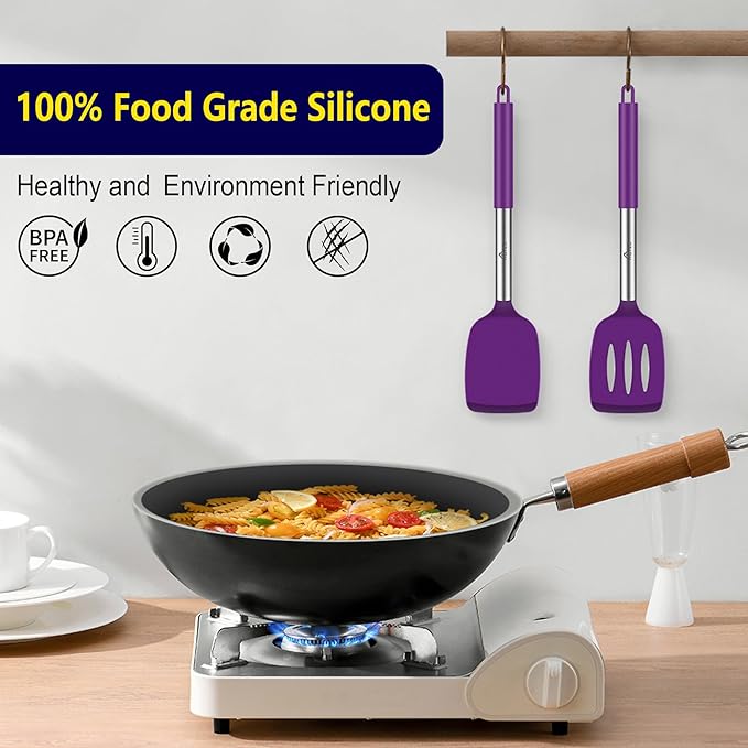 HOTEC Silicone Spatula Set of 2 Heat-Resistant 600°F & BPA-Free Kitchen SaptulaTurner with Stainless Steel Handles, Slotted & Solid Spatulas for Nonstick Cookware, 13.7 Inch, Purple