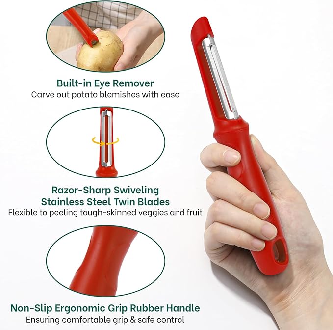 Beneno Swivel Vegetable Peeler, Razor-Sharp Smooth Peeling Potato Peelers with Stainless Steel Blades, Ergonomic Comfort Non-Slip Rubber Handle, Durable Kitchen Peelers with Potato Eye Remover, Red