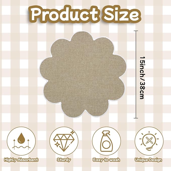 SK Studio Set of 4 Cotton Linen Placemats, 15x15 Round Scalloped Cloth Table Mats, Embroidery Double Layered Washable Dining Placemat for Hotel Restaurant Kitchen, Khaki